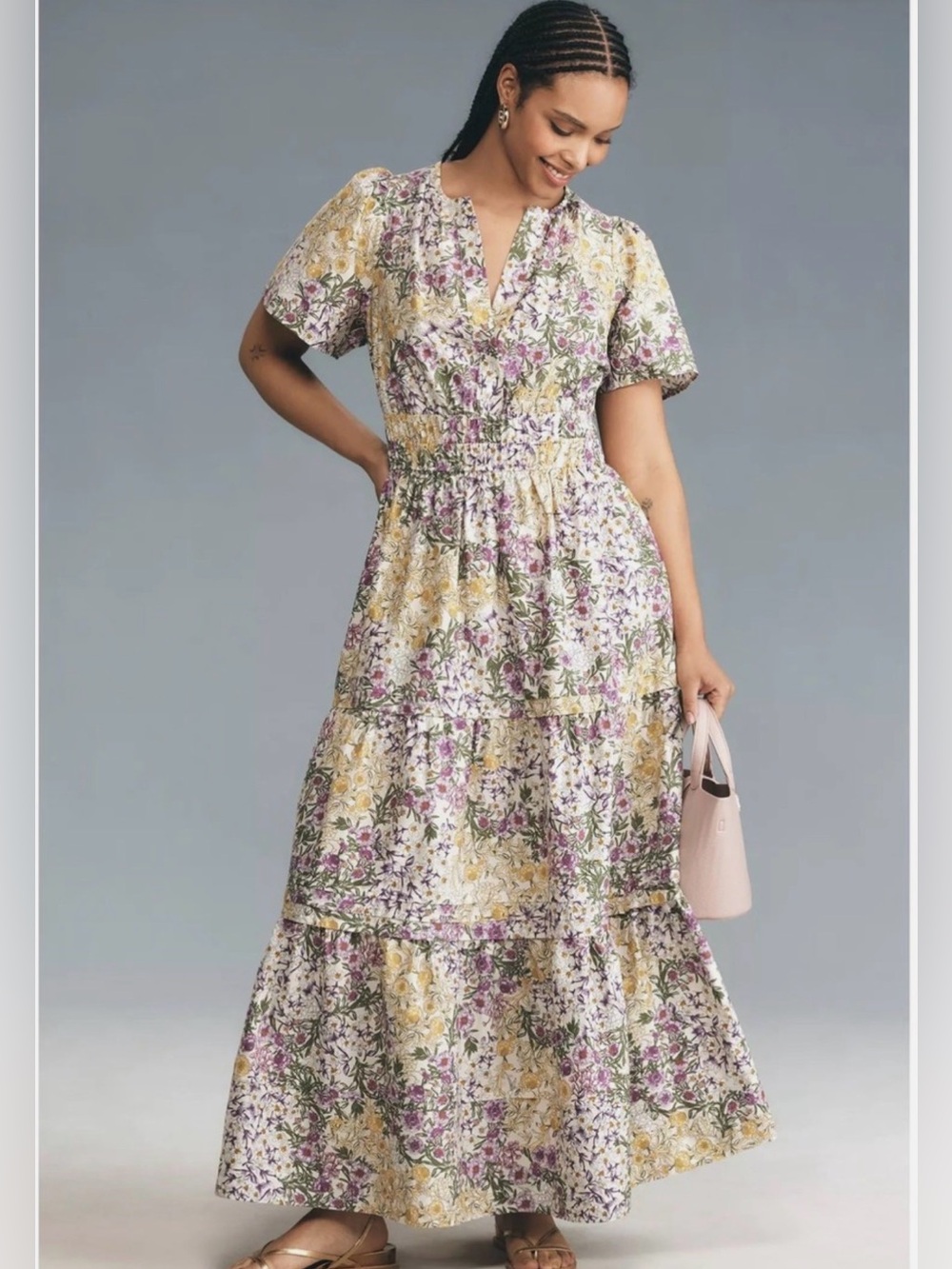Anthropologies Floral Tiered Maxi Dress in Yellow & Purple